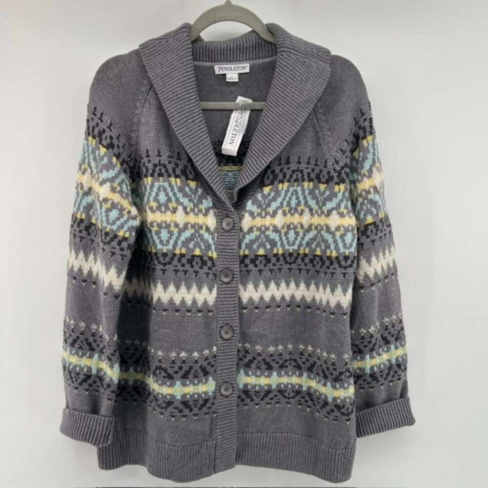 NEW Pendleton Shawl Collar Cardigan Sweater Womens L Gray Fair Isle Merino Wool